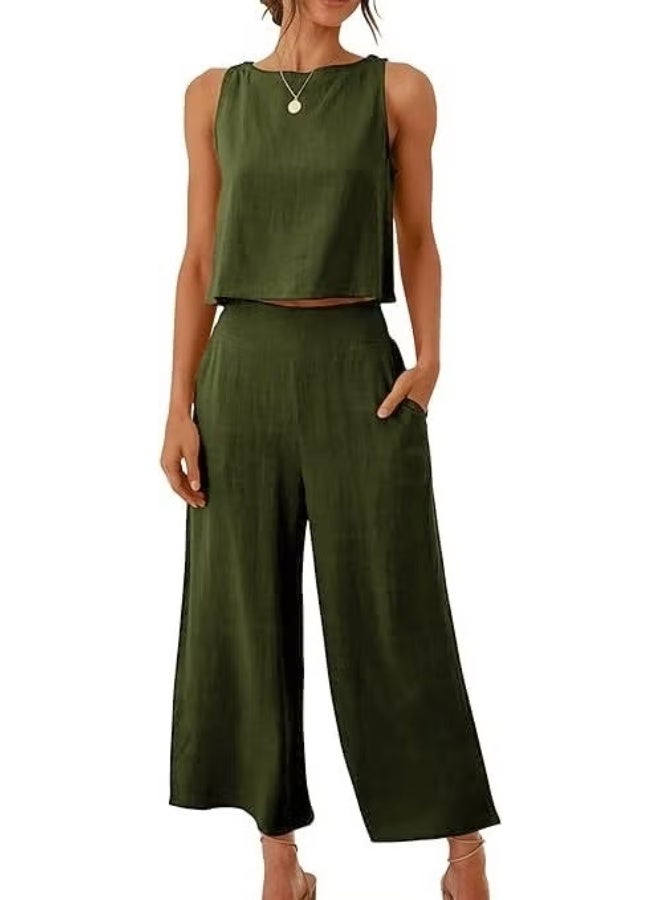 Barbora Linen Summer High Waist Capri Pants Back Detail Sleeveless Two Piece Set LN26HAKI4 - Image 4